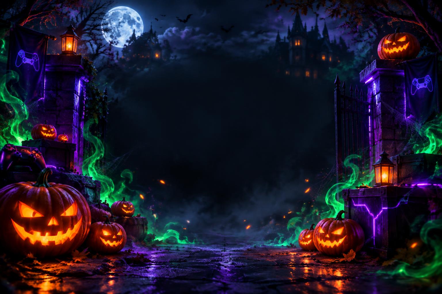 Entrada misteriosa con calabazas iluminadas